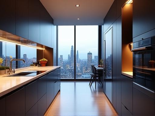 Interior of the Yaletown Penthouse, showing a sleek kitchen and city views.
